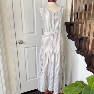 MAX STUDIO Striped Sleeveless Tiered Maxi Dress with waist tie NWT